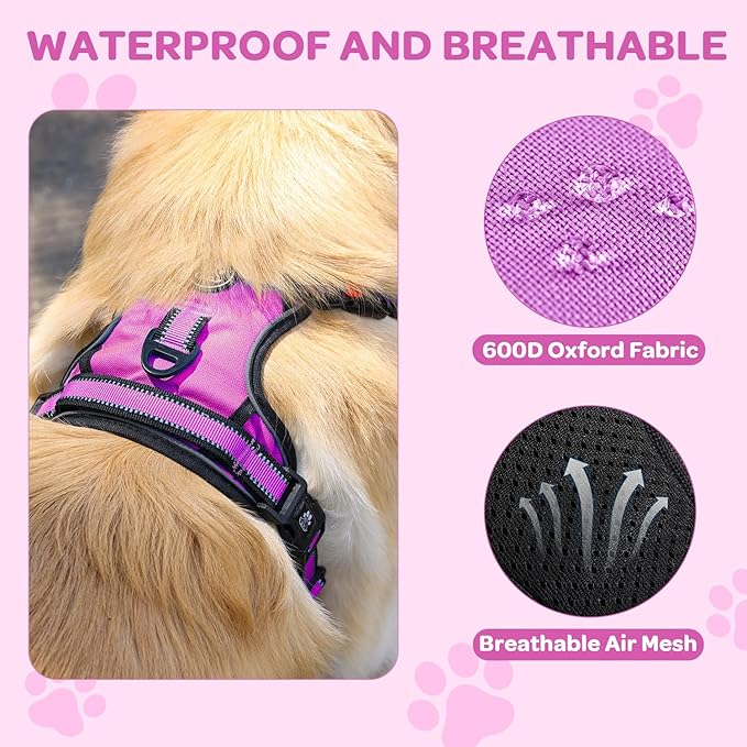 FURRYFECTION Plaid Dog Harness for Medium Dogs, Reflective No Pull Adjustable Pet Vest with Front Clip, Leash, Easy Control Handle and Seat Belt, Rose, M