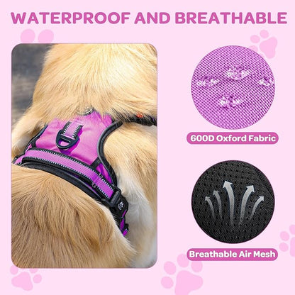 FURRYFECTION Plaid Dog Harness for Large Dogs, Reflective No Pull Adjustable Pet Vest with Front Clip, Leash, Easy Control Handle and Seat Belt, Rose, XL