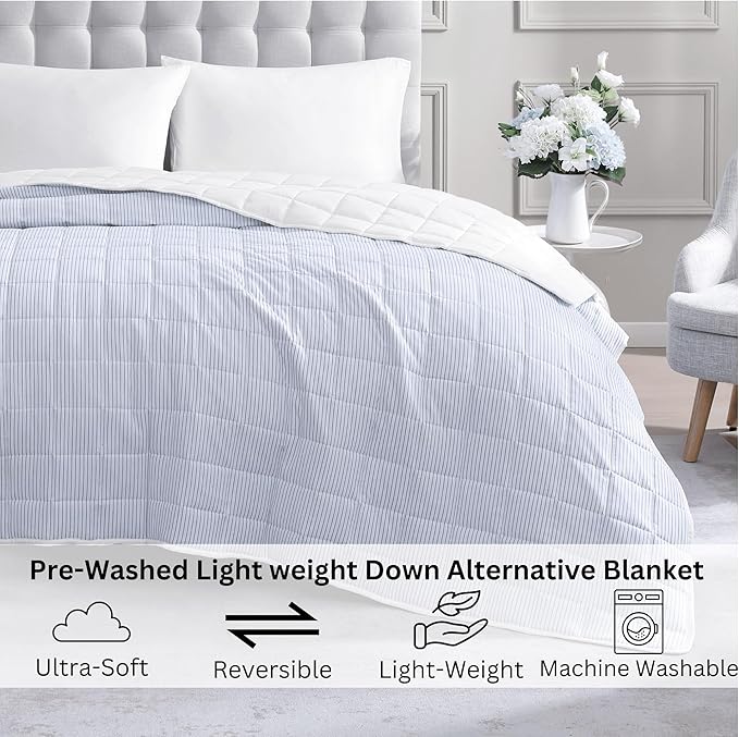 Casa Platino Pre-Washed Queen Size Bed Blanket - Ultra Soft Lightweight All Season Reversible Down Alternative - Ticking Stripe Blue, White