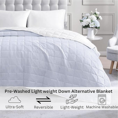Casa Platino Pre-Washed Twin Size Bed Blanket - Lightweight, All Season, Premium Reversible Down Alternative - Ticking Stripe Blue, White