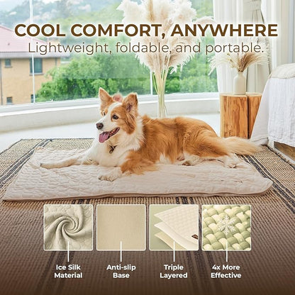 Pelsbarn Dog Cooling Mat- Ice Silk Summer Comfort, Self Cooling, Non-Slip Dog Pad, Durable & Washable, Mat for Large Dogs 25"" x 37"", Support Shelter Dogs with Every Purchase (Beige)