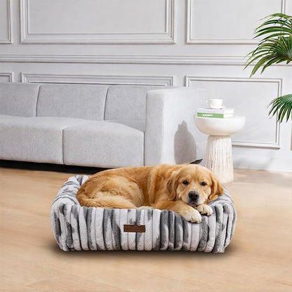 Modern Threads Ribbed Plush Two-Tone Cuddler Dog Bed, Ultra-Soft Faux Rabbit Fur, Supportive Bolstered Sides, Removable Washable Cover, Bed for Medium to Large Dogs, Silver, (34" L x 25" W x 9" Th)