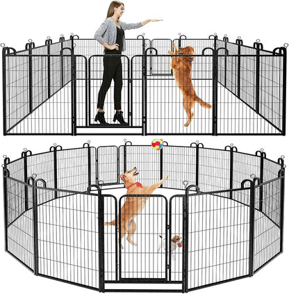 Dog Playpen Outdoor 16 Piece Panels Heavy Duty Dog Fence 40" Height Anti-Rust with Doors Portable for RV Camping Yard, Total 36FT, 102 Sq.ft, Snowy Black