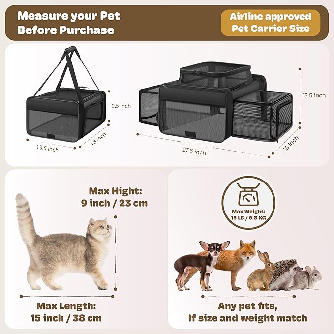 Top and 2 Sides Expandable Cat Carrier 18x13.5x9.5, TSA Airline Approved Dog Carriers for Small Dogs, Soft-Sided Pet Carrier with Self-Locking Zippers for Kitten,Rabbit, Puppy, Guinea Pig Black