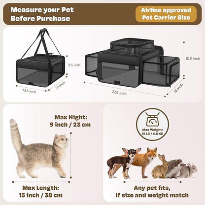 Top and 2 Sides Expandable Cat Carrier 18x13.5x9.5, TSA Airline Approved Dog Carriers for Small Dogs, Soft-Sided Pet Carrier with Self-Locking Zippers for Kitten,Rabbit, Puppy, Guinea Pig Black