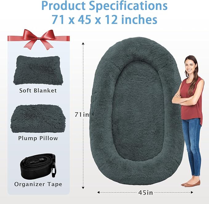 Human Dog Bed, 71''x45''x12'' Size Fits People and Pet 10 CM Thick Memory Foam Washable Adult Large Bed Giant Oversize Foldable Dog Bed with Plump Pillow, Blanket, Strap - Darkgrey