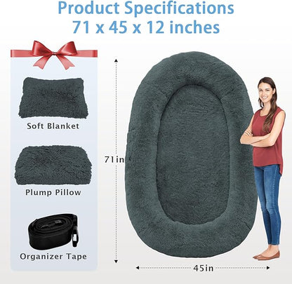 Human Dog Bed, 71''x45''x12'' Size Fits People and Pet 10 CM Thick Memory Foam Washable Adult Large Bed Giant Oversize Foldable Dog Bed with Plump Pillow, Blanket, Strap - Darkgrey