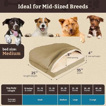 Snoozer Rectangle Cozy Cave Dog Bed - Indoor Dog Bed with Cover Cave, Covered Calming Burrow for Small & Medium Sized Pets with Blanket Attached, Enclosed, Washable Cover - Medium, Khaki