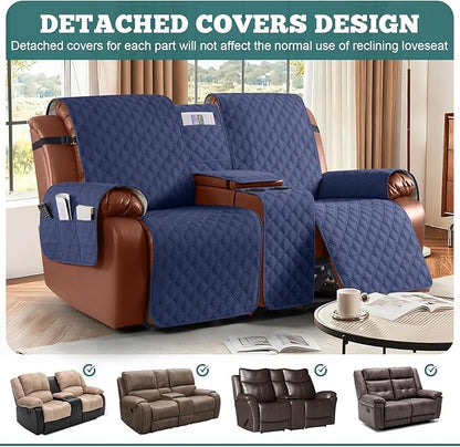 Ruaozz Waterproof Loveseat Recliner Cover with Console Non-Slip Reclining Couch Covers Split Sofa Slipcovers with Elastic Straps Furniture Protector for Kids, Dogs, Pets (Ocean Blue, 2 Seater)