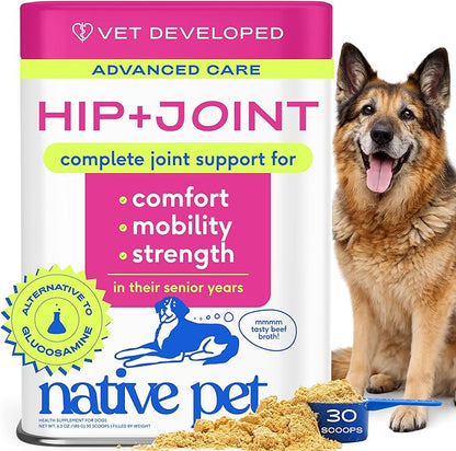 Native Pet Hip & Joint Advanced Care Dog Joint Supplement Powder for Mobility & Movement Support, Joint Supplement for Dogs with HMB, UC-II Collagen, Green Lipped Mussel & Hyaluronic Acid – 30 Scoops