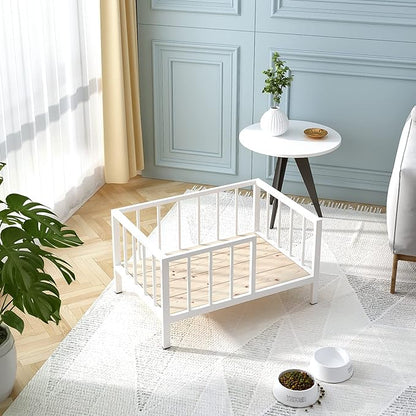 OSCHF Dog Bed with Rails - Elevated Pet Metal Bed Frame with Solid Wood Board and Washable Soft Mat for Small Dog Indoor or Outdoor Use, 21.3" x 30 ", White