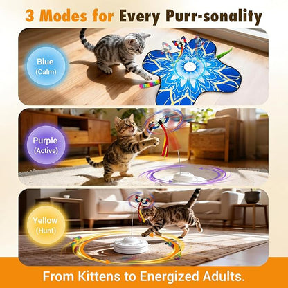 Interactive Cat Toys for Indoor Cats, 3-in-1 Hide and Seek Cat Toy with Fluttering Butterfly & Moving Concealed Feathers, 3 Prey Sounds, Rechargeable Auto Play Mat for Bored Adult Cats/Kittens (Blue)