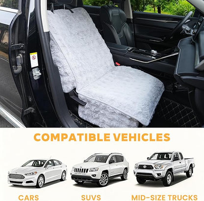 Dog Car Seat Cover for Back Seat & Front Seat, Plush Faux Fur Pet Car Seat Protector with Waterproof Layer, Non-Slip Bottom, Side Flaps, Machine Washable (Front Seat Gray)