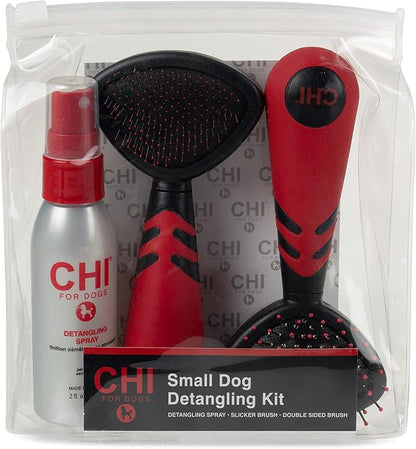 CHI for Dogs Small Dog Detangling Kit, 3-Piece Grooming Set with Detangling Spray, Slicker Brush, and Double-Sided Pin-and-Bristle Brush for Small Breeds with Tangles and Mats, Includes Zipper Pouch