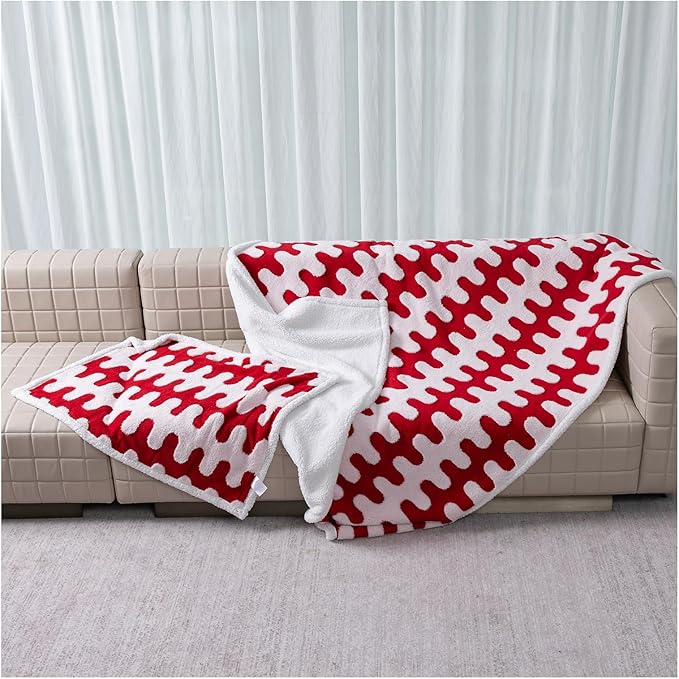 Waterproof 85x85in Pet Blanket Red Stylish Jacquard Sharpa Fleece Dog Blankets for King Size Bed Couch Sofa Covers Furniture Protection Washable Reversible Covers (Red Wave,XXL)