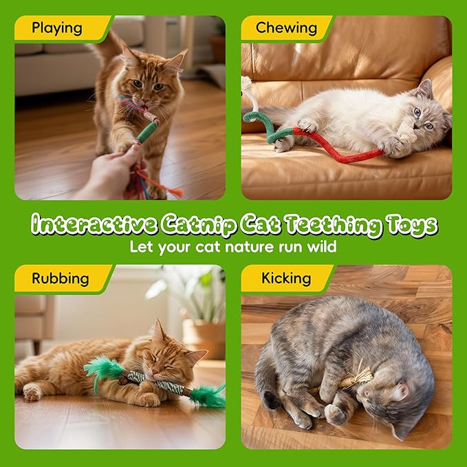 GBSYU Silvervine Sticks for Cats & Cat Chew Rope Toy with Refillable Natural Catnip Bag for Teeth Cleaning, Interactive Cat Catnip Toys for Indoor Cats, Kitten Teething Toys for All Breeds (12Pcs)