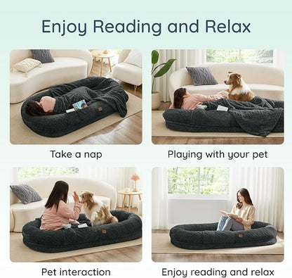 Human Dog Bed for Adult - Luxury Faux Fur Giant Size Dog Bed with Portable Handle, Egg Orthopedic Foam with Blanket, 72"x40"x10", Dark Grey