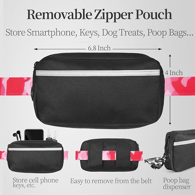 iYoShop Hands Free Dog Leash with Zipper Pouch, Dual Padded Handles and Durable Bungee for Walking, Jogging and Running Your Dog (camo Pink, Large)