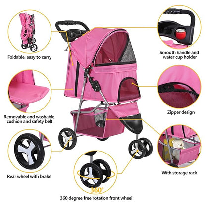 3 Wheels Dog Stroller Folding Pet Strolling Cart for Small Medium Cats Puppies Portable Jogger Travel Camping Puppy Carrier with Storage Basket Cup Holder, Pink