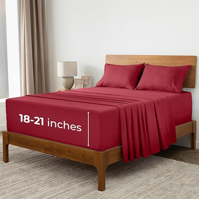 Mellanni Extra Deep Split King Sheets - 5 PC Iconic Collection Bedding - Hotel Luxury, Ultra Soft, Cooling Bed Sheets - Wrinkle, Fade, Stain Resistant (Split King, Brick Red)