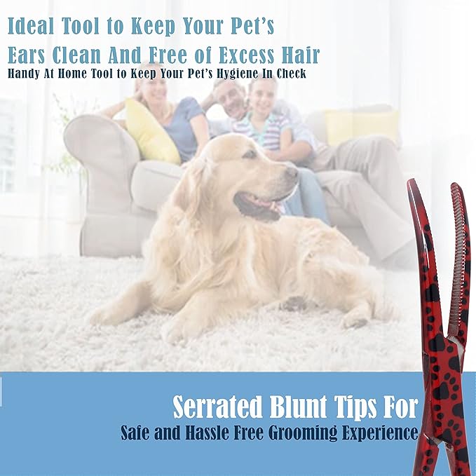 Dog Pet Ear/Nose Hair Puller Grooming Hemostat Locking Forceps Curved Pliers, 5.5" (14cm) Full Serrated Clamps Stainless Steel (Red Paws)
