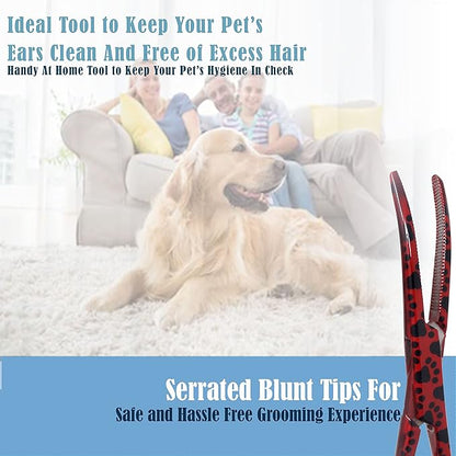 Dog Pet Ear/Nose Hair Puller Grooming Hemostat Locking Forceps Curved Pliers, 5.5" (14cm) Full Serrated Clamps Stainless Steel (Red Paws)