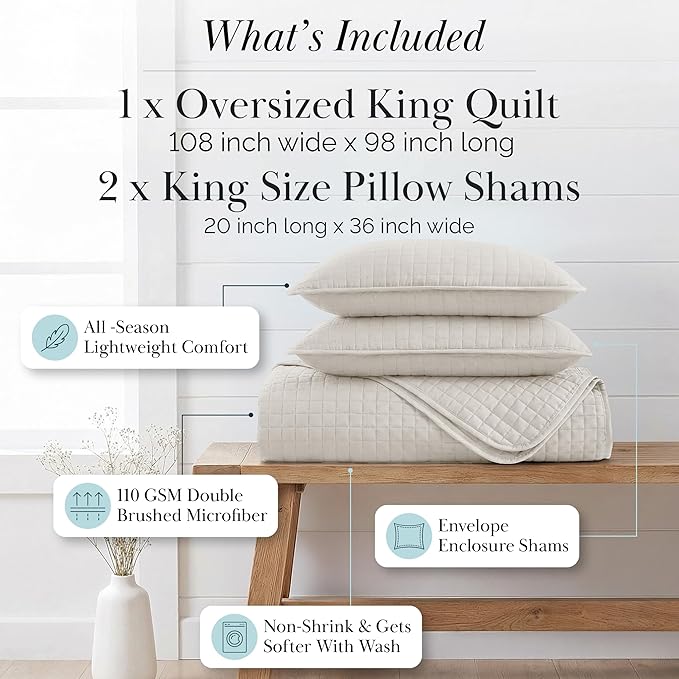 Southshore Fine Living, Inc. King Quilt Bedding Set, Quilted Comforter, Coverlet Bed Spread for California Kings, Luxury Bedding King Quilt Set, Lightweight Quilted Bedspread w/Shams, Natural Beige