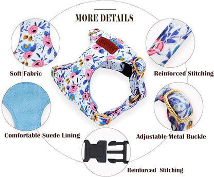 No Pull Dog Harness Adjustable Small Dog Harness and Leash Set, Lightweight and Soft Dog Harness No Choke Escape Proof Pet Harness Vest (Blue Rose, Medium)