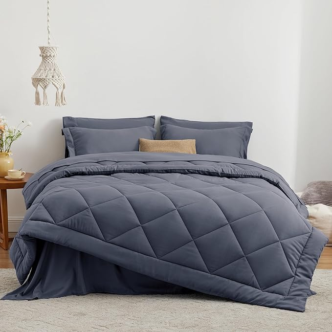 Love's cabin King Size Comforter Set Navy Blue, 7 Pieces King Bed in a Bag, All Season Bedding Sets with 1 Comforter, 1 Flat Sheet, 1 Fitted Sheet, 2 Pillowcase and 2 Pillow Sham