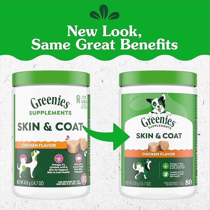 Greenies Supplements Dog Skin and Coat Supplements with Omega 3 Fatty Acids & Fish Oil for Dogs, Chicken Flavor, 14.7 oz, 80 Count (Pack of 2)