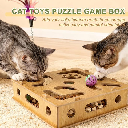 Cat Toys for Indoor Cats, Interactive Wooden Puzzle Toy Box, Stimulate Hunting Drives and Reduce Boredom, Wood Color