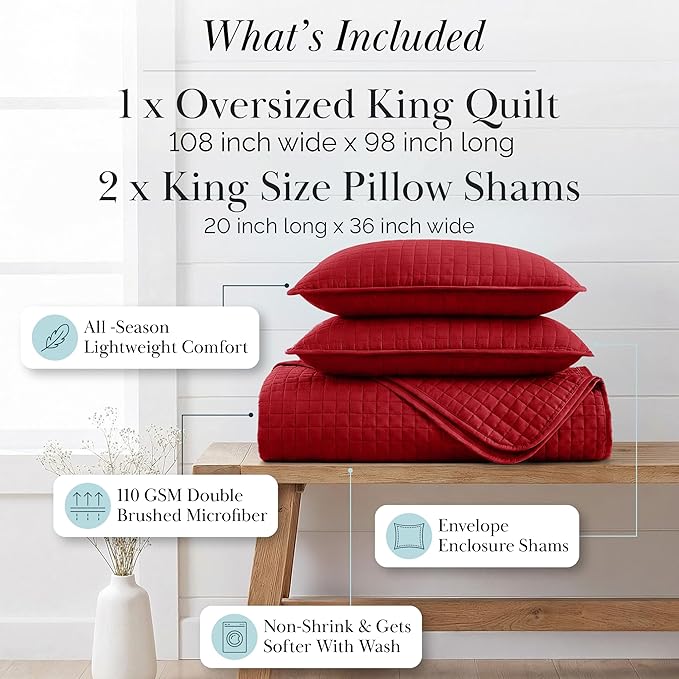 Southshore Fine Living, Inc. Red Quilt King Size Set with 2 Pillow Shams, Soft Microfiber Bedspread, Stain & Pet Hair Resistant Bedding, Cal/King Quilt Set with 2 Pillow Shams, Chili Pepper Red
