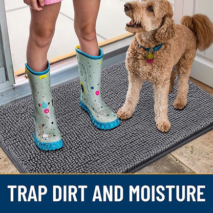 Smiry Dog Door Mat for Muddy Paws 70x35, Absorbs Moisture and Dirt Doormat, Non-Slip Washable Quick Dry Chenille Front Door Mat Indoor Entrance, Entryway Carpet for Inside Floor, Dark Grey