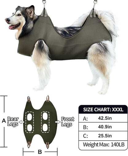 Kkiimatt 10 in 1 Pet Grooming Hammock Harness with Nail Clippers/Trimmer, Nail File, Comb,Dog Nail Hammock, Dog Grooming Sling for Nail Trimming/Clipping (XXXL/Under 140lb, Khaki Green)