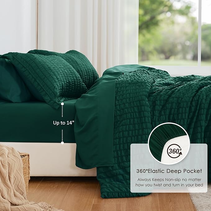 Love's cabin Seersucker Dark Green Twin Comforter Set, 5-Piece All Season Lightweight Bed in a Bag Bedding Set with Comforter, Flat Sheet, Fitted Sheet, Pillowcase and Sham | Soft, Breathable, Lightweight