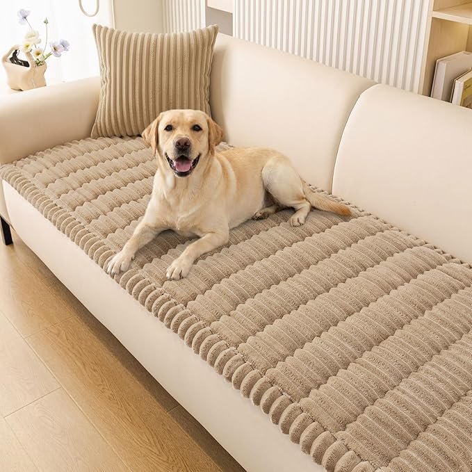 Smiry Couch Cover for Dogs Washable, Non Slip Fuzzy Pet Couch Covers for 3 Cushion Sofa Pet Friendly, Thick Soft Sofa Slipcovers Cushion Protector (Khaki, 27.6" x 27.6")