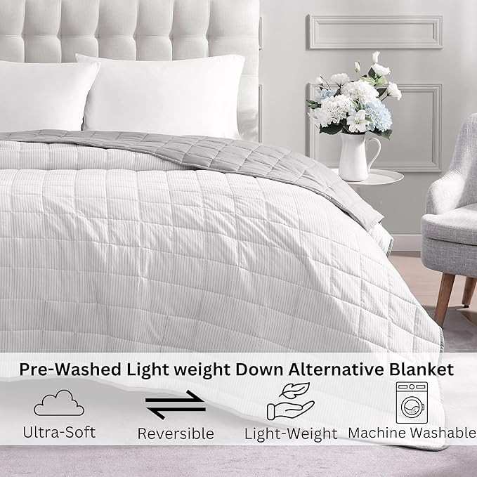 Casa Platino Pre-Washed Quilted Reversible Down Alternative Blanket - Lightweight, Soft, Silver Ticking Stripe King Size