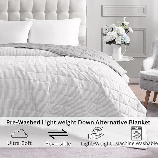 Casa Platino Pre-Washed Soft Lightweight Premium Reversible Down Alternative Blanket - All Season Ticking Stripe Silver
