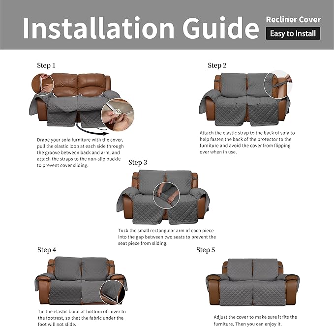 Easy-Going Loveseat Recliner Cover, Reversible Couch Cover for Double Recliner, Split Sofa Cover for Each Seat, Furniture Protector with Elastic Straps for Kids, Dogs, Pets(2 Seater, Gray/Light Gray)