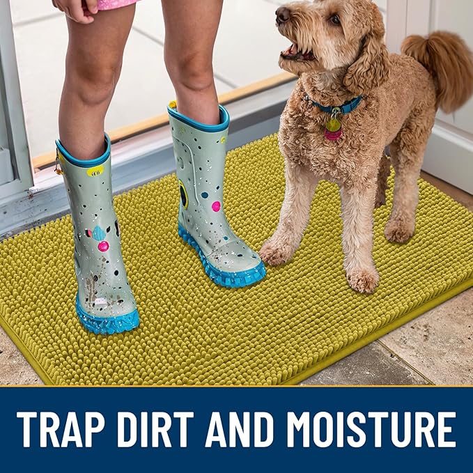Smiry Dog Door Mat for Muddy Paws 36x24, Absorbs Moisture and Dirt Doormat, Non-Slip Washable Quick Dry Chenille Front Door Mat Indoor Entrance, Entryway Carpet for Inside Floor, Mustard Yellow