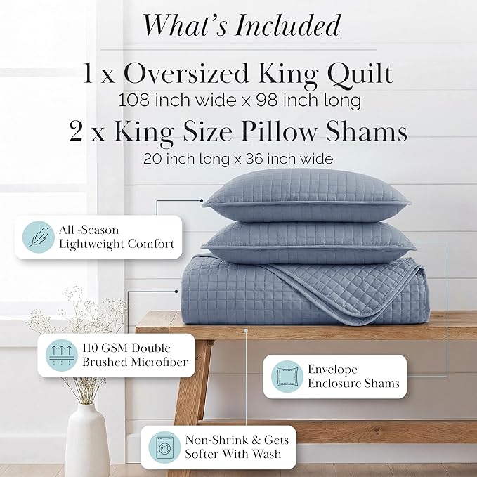 Southshore Fine Living, Inc. Oversized King Quilt Set, Blue Bedspread King California Comforter with 2 Matching Pillow Shams, Microfiber Coverlet Set, Oversized King Size Quilt, Slate Blue Bedding