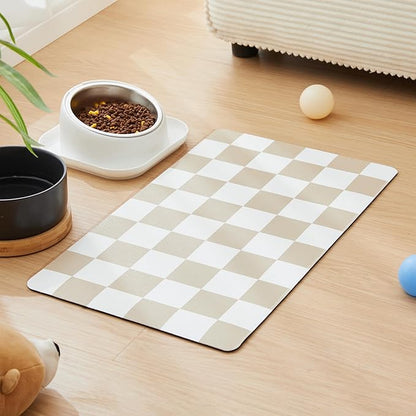 Ralxion Checkered Dog Feeding Mat, Absorbent Mats for Dog Food and Water Bowl, Dispenser, Retro Aesthetic Beige Khaiki Checkerboard Pet Placemat for Dogs, Cats, Puppy Accessories, 16" X 24”