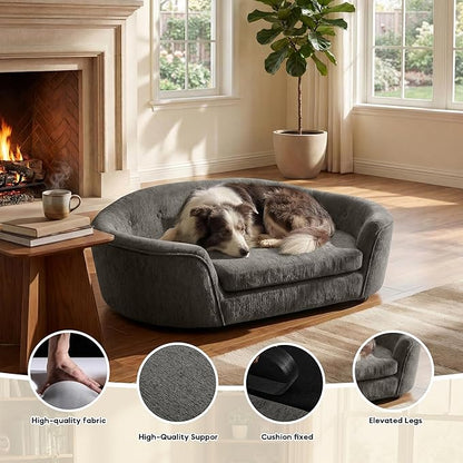 Dog Couch Bed with Oval Semi-Enclosed, Durable Linen Material Pet Sofa with Soft Foam Cushion, Dog Sofa Bed with Legs for Medium Dogs, Dark Grey