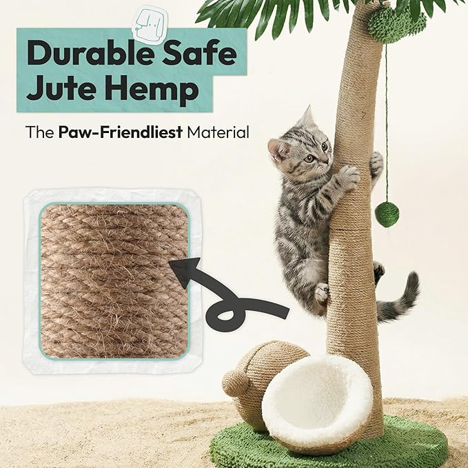 33" Tall Cat Scratching Post, Natural Jute Cat Scratcher for Indoor Cats,Twin Coconuts & Tree Design with Hanging Toy Ball & Rest Platform,Stable Furniture Protector for Kittens & Adult Cats,M