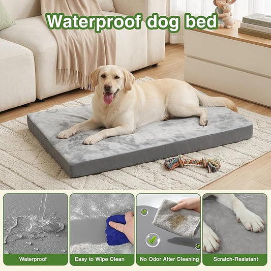 Vonabem Waterproof Outdoor Dog Bed Large Medium Sized Dogs, Washable Crate Pad 35 inch, Foam Orthopedic Pet Beds with Removable Cover,Durable Anti-Slip Kennel Pads 35"x22", Gray