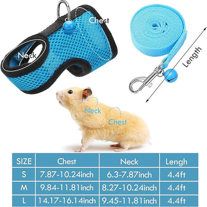 SATINIOR 2 Sets Guinea Pig Harness and Leash Adjustable Soft Mesh Harness Bell No Pulling Comfort Vest for Baby Ferret Rats Hamster Bunny Rabbit Chinchilla and Small Pet(Blue, Black,M)