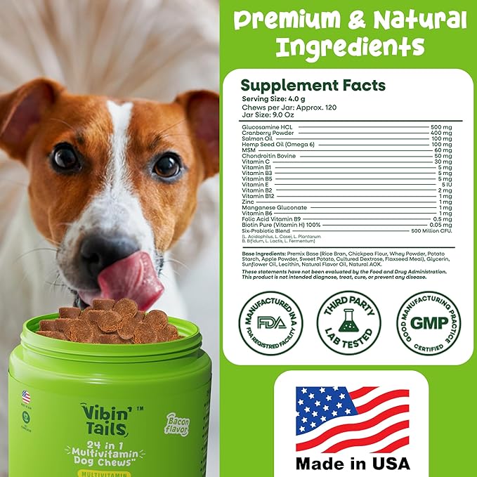Vibin’ Tails 24-in-1 Dog Multivitamin, Glucosamine Chondroitin Hip & Joint Support, Probiotics & Omega-3, Skin & Coat - Puppy & Senior Chewable Dog Vitamins & Supplements Vet Formulated - 120ct Bacon