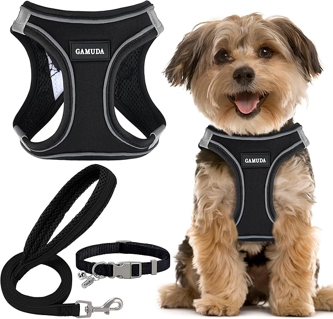 GAMUDA Small Dog Harness Collar and Leash Set, Step in No Chock No Pull Hemp Fabric Soft Mesh Dog Vest Harnesses Reflective for Dogs Puppy and Cats Outdoor Training and Running (Black, S)