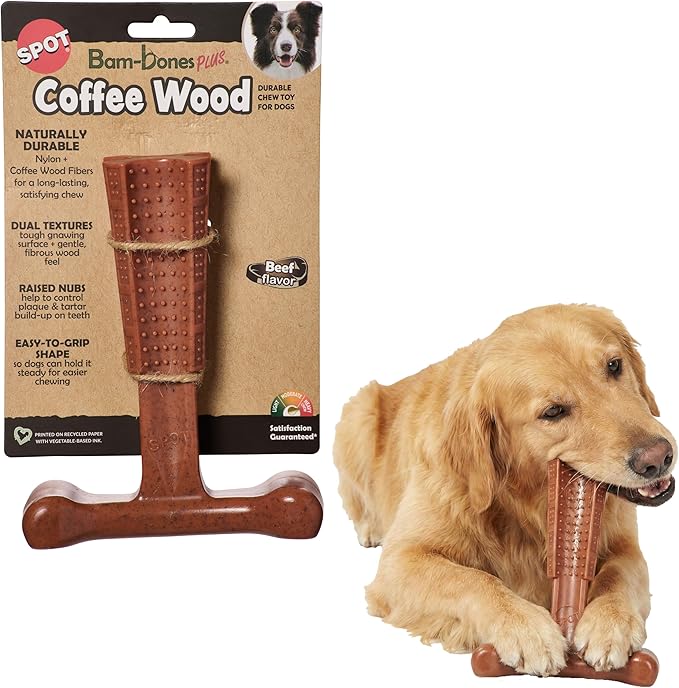 SPOT Bam-Bones Plus Coffee Wood T-Bone Dog Chew Toy, Beef Flavor, Nylon and Coffee Wood Fiber Blend, Durable Chew for Heavy Chewers and Dogs Under 90 lbs, Non-Splintering Dental Chew, 7 Inch