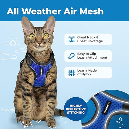 Voyager Escape-Proof Step-in Lock Cat Harness & 5ft Neoprene-Handle Leash Set All-Weather Mesh with Reflective Stitching for Small to Large Cats by Best Pet Supplies, Black Trim-Royal Blue (327), XXS